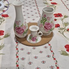 Lot 3 pièces décoratives en céramique, 2 vases + bougeoir décor floral rose