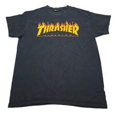 Thrasher Magazine Fire Flame Spellout Skateboarding Black T-Shirt Size Medium