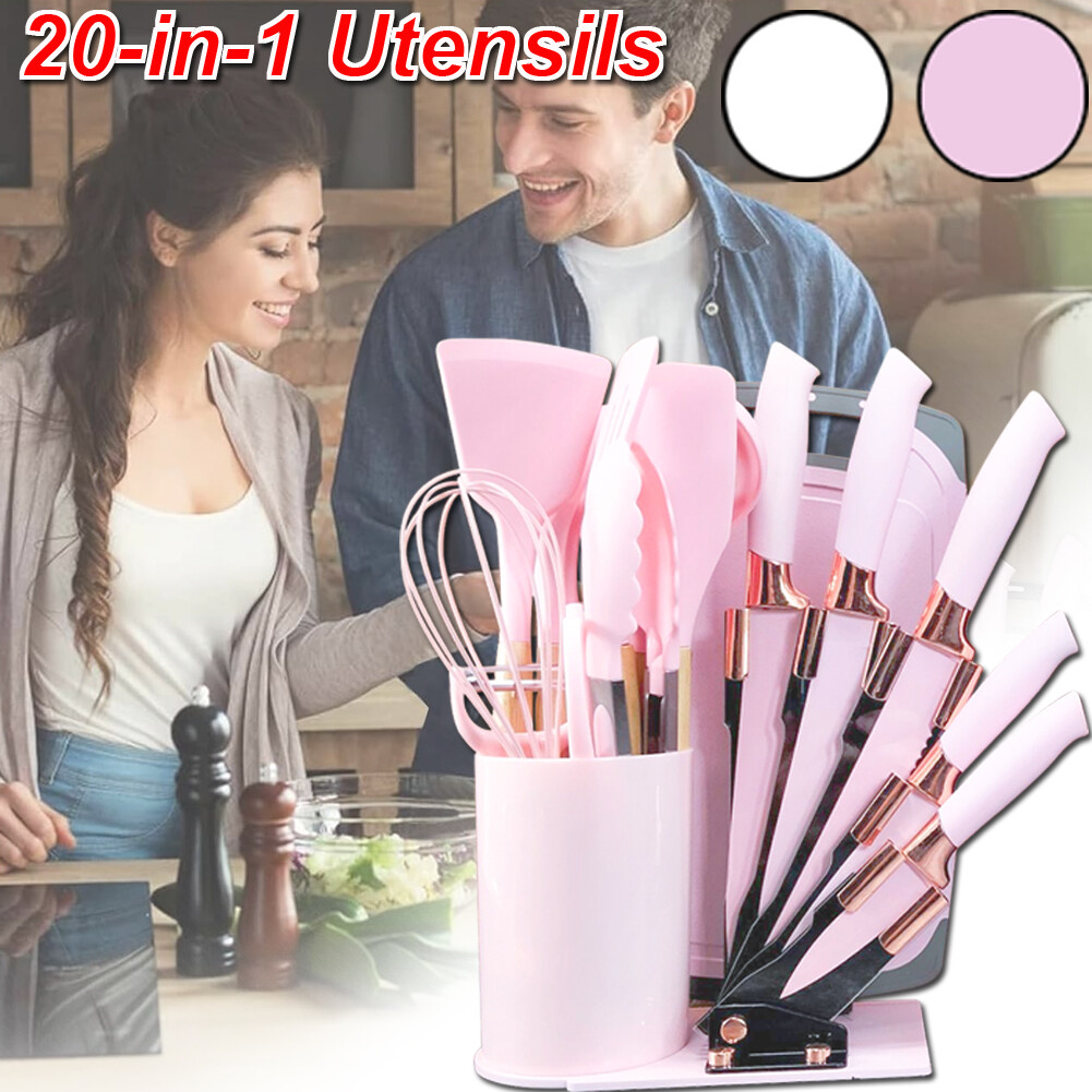 Juego de 20 piezas de utensilios de cocina de silicona con cuchillo de cocina y soporte