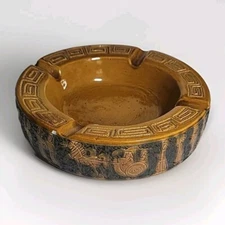 Large Ceramic Ashtray ~ Ancient Times Scene Horses Carriage - Brown - 9" 