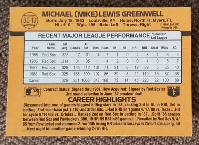 1989 Donruss MVP #BC13 Mike Greenwell Boston Red Sox Baseball Card