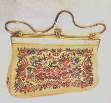 Vintage Tapestry Purse-Victorian Style Petit Point-Handbag-Floral-Gold Chain
