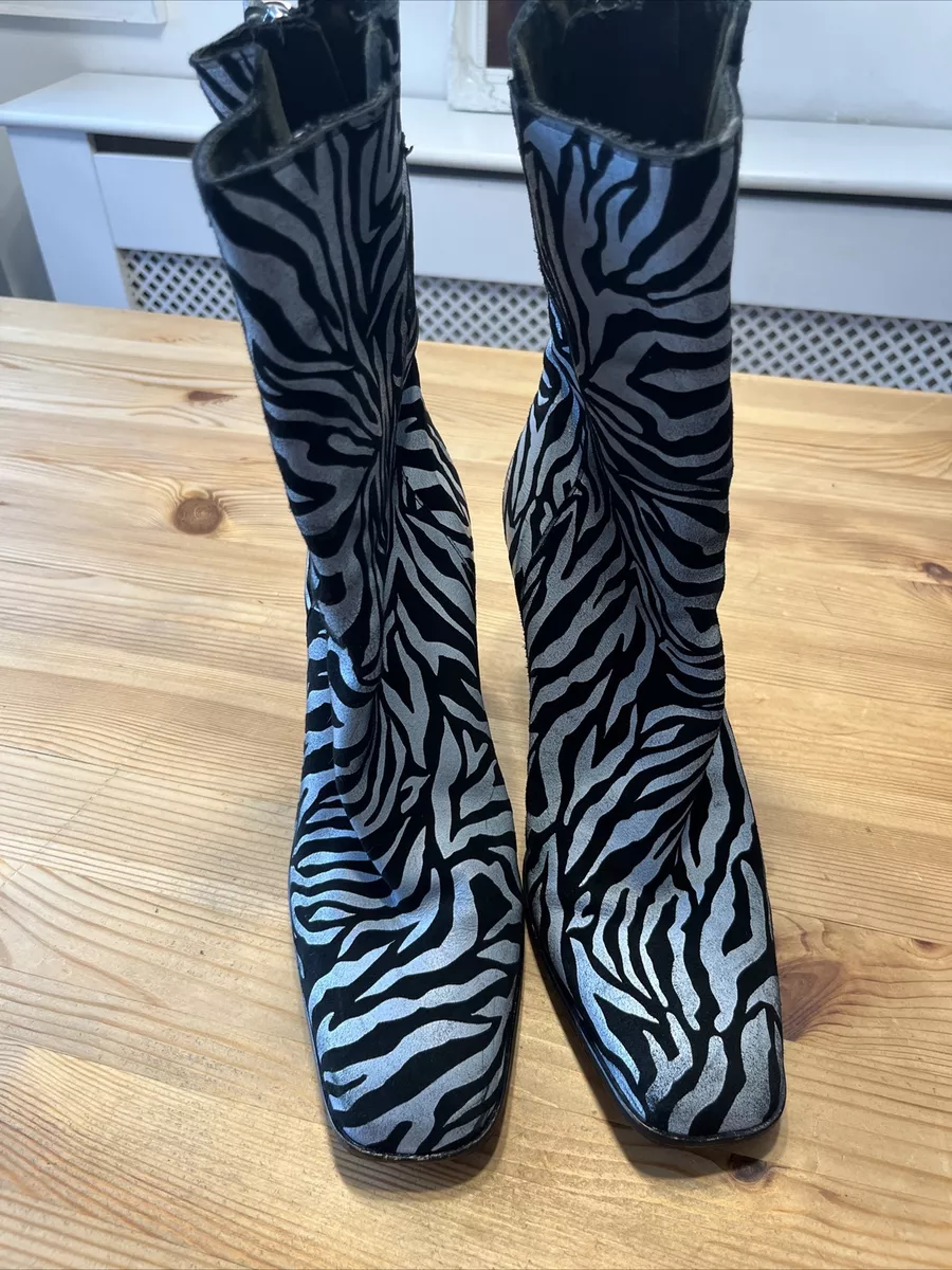 Topshop HUGO Zebra Print Block Heeled Leather Boots Size 7