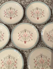 Vintage Homer Laughlin Rhythm MCM Cake Dessert Plates Dishes Scrolls Set 8 EUC