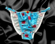 Aqua Blue Floral Satin Sissy Tanga Knickers Panties Size M -XL