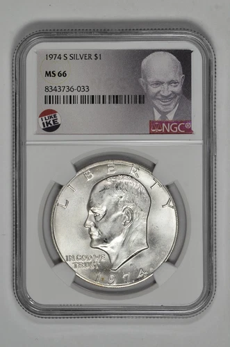 1974 S $1 Silver Ike Dollar NGC MS 66 with Exclusive Label and New Holder