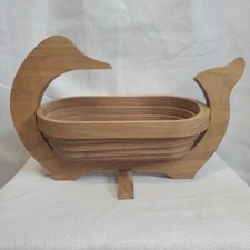 Vintage Duck  Shaped Collapsible Wooden Bowl Accordian Basket Harry Guthrie 1983
