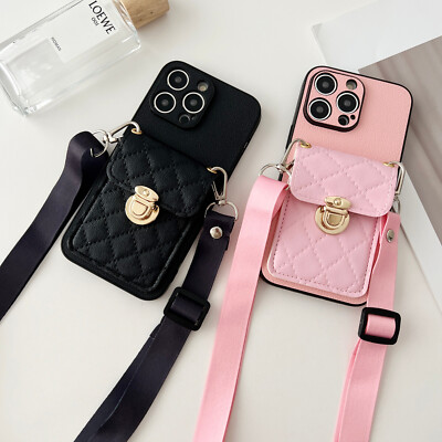 For iPhone 15 14 13 Hot Crossbody Strap Leather Wallet Card Bag