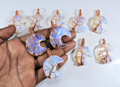 Opal Moon Copper Wire Wrapped Tree of Life Pendent, Glass Wired Pendent Moon QW0