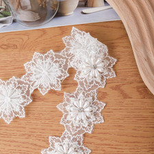 3D Lace Beaded Trim Ribbon Embroidery Pearl DIY Craft Wedding Clothes Sewing
