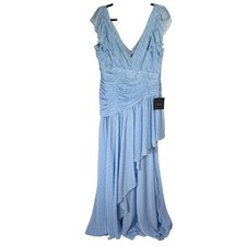 Ieena for Mac Duggal 49705 Ice Blue Metallic Pleated Ruffle Gown Dress Womens 14