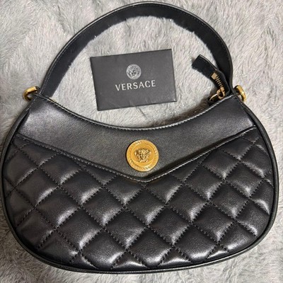 VERSACE Black Quilted Leather Handbag Gold Medusa Chain Top Handle Bag Authentic