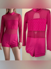 Custom dance costume solo hot pink mesh leotard biketard SA-Small adult