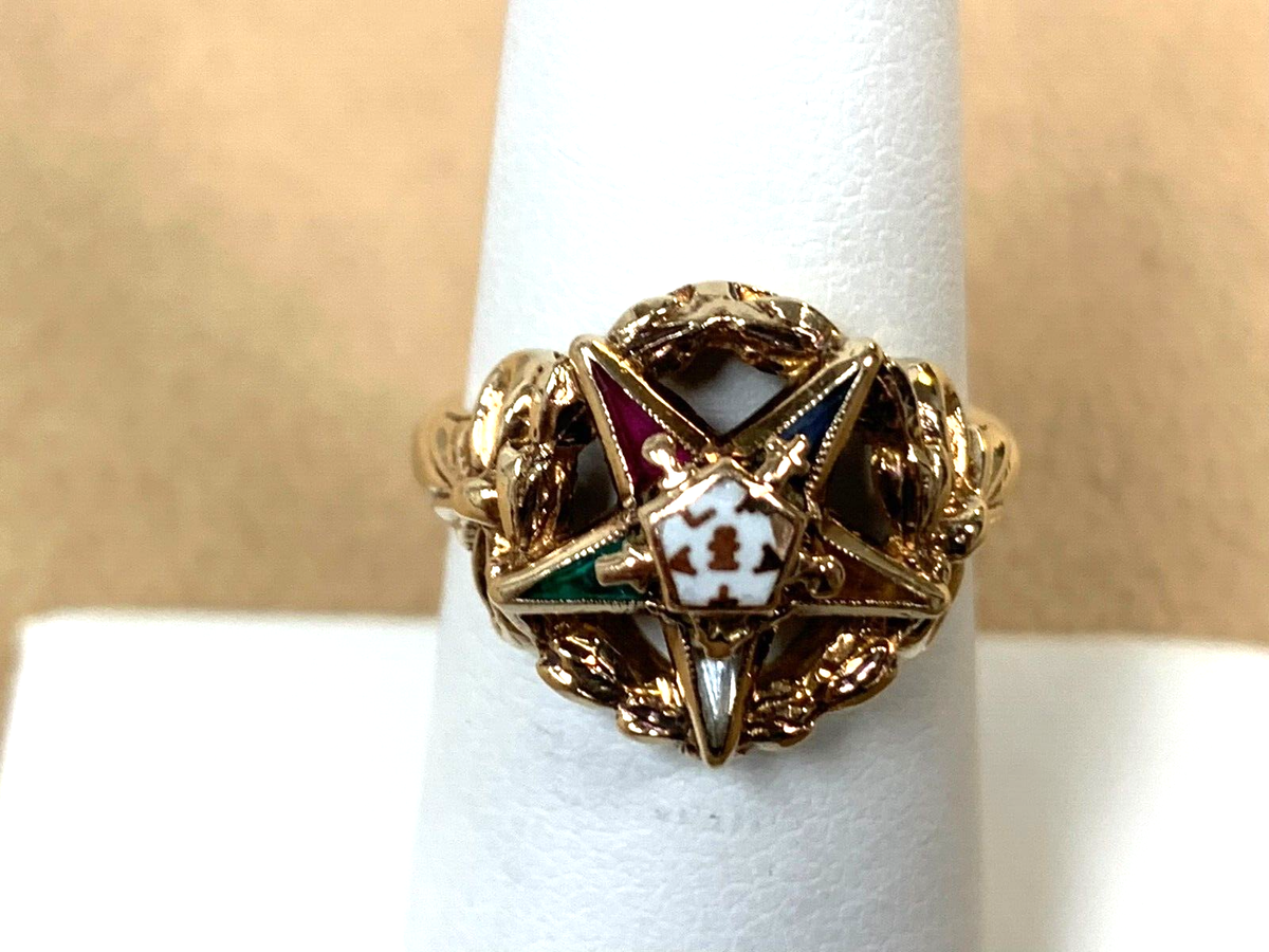 Vintage 10K Yellow Gold Eastern Star Ring with Gemstones Size
