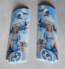1911 Full Size White ABS Grips WWII Pinup Girl Light Blue Plane UV Printed
