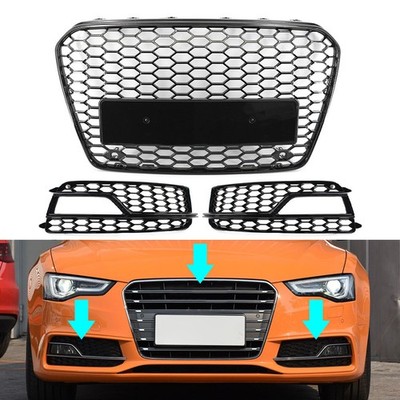 Front Bumper Honeycomb Grille Fog Light Grill Set Black For Audi A5 S5 2013-2017