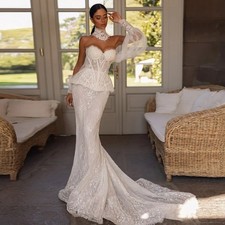Mermaid Wedding Dress Strapless Sequins Lace Appliques Sweep Train Bride Gowns 