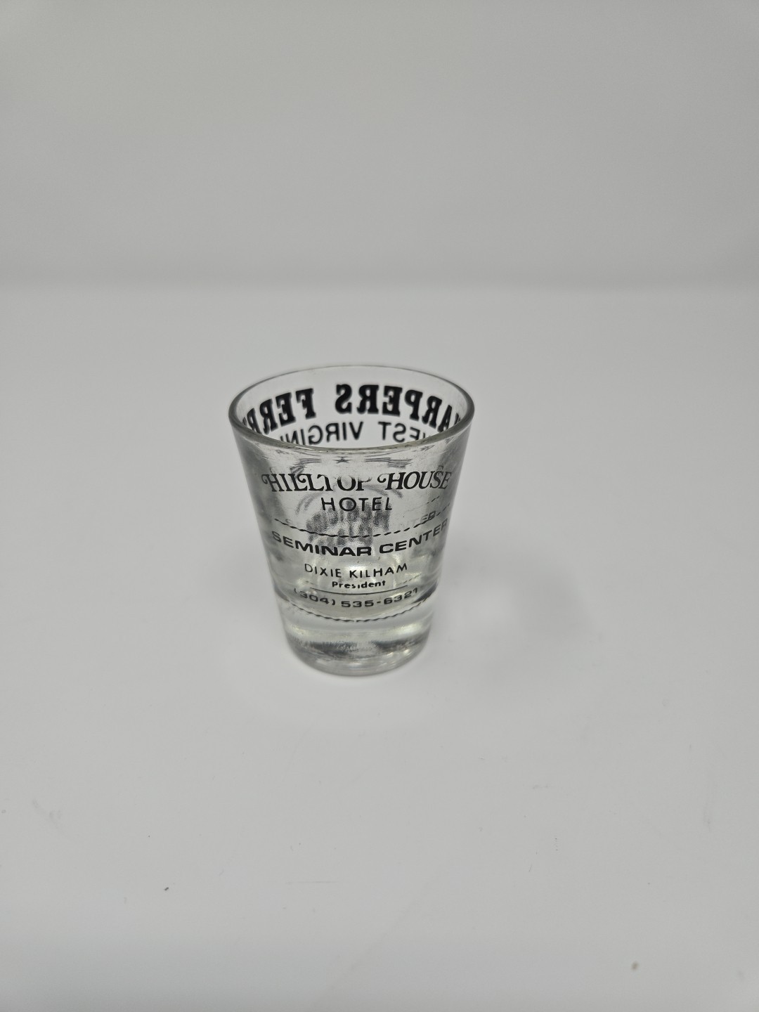OLD BARWARE SHOT GLASS HARPERS FERRY WEST VIRGINIA 2 1/2" SOUVENIR MAN CAVE