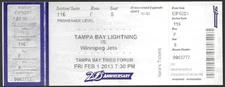 Tampa Bay Lightning vs Winnipeg Jets ticket stub February 1 2013