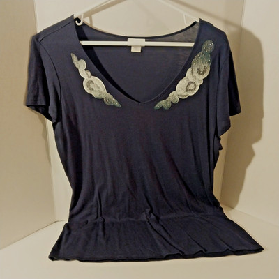 Jaclyn Smith Blue Lace Embroidered Shirt Sz Lg Short Sleeve Lightweight  V Neck