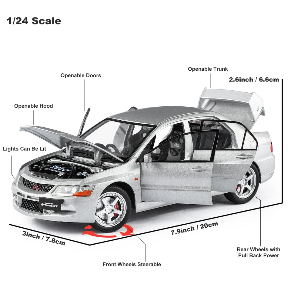 1:24 Diecast Vehicle for Mitsubishi Lancer EVO IX Model Car Toy Sound Light Toy - Image 3 of 4