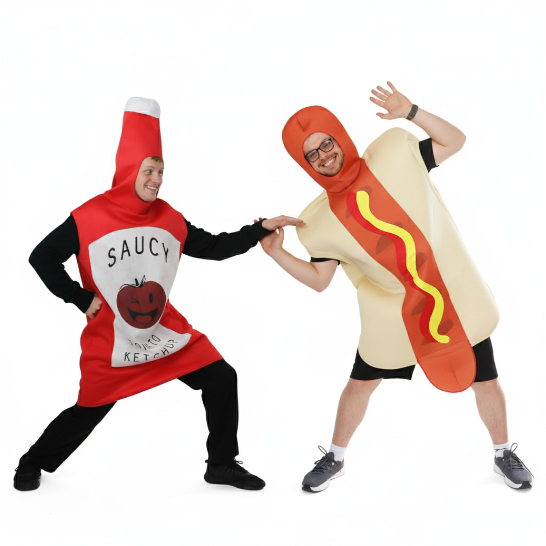 HOT DOG & KETCHUP DÚO ADULTO DISFRAZ NOVEDAD COMIDA DISFRAZ GALLINA CIERVO
