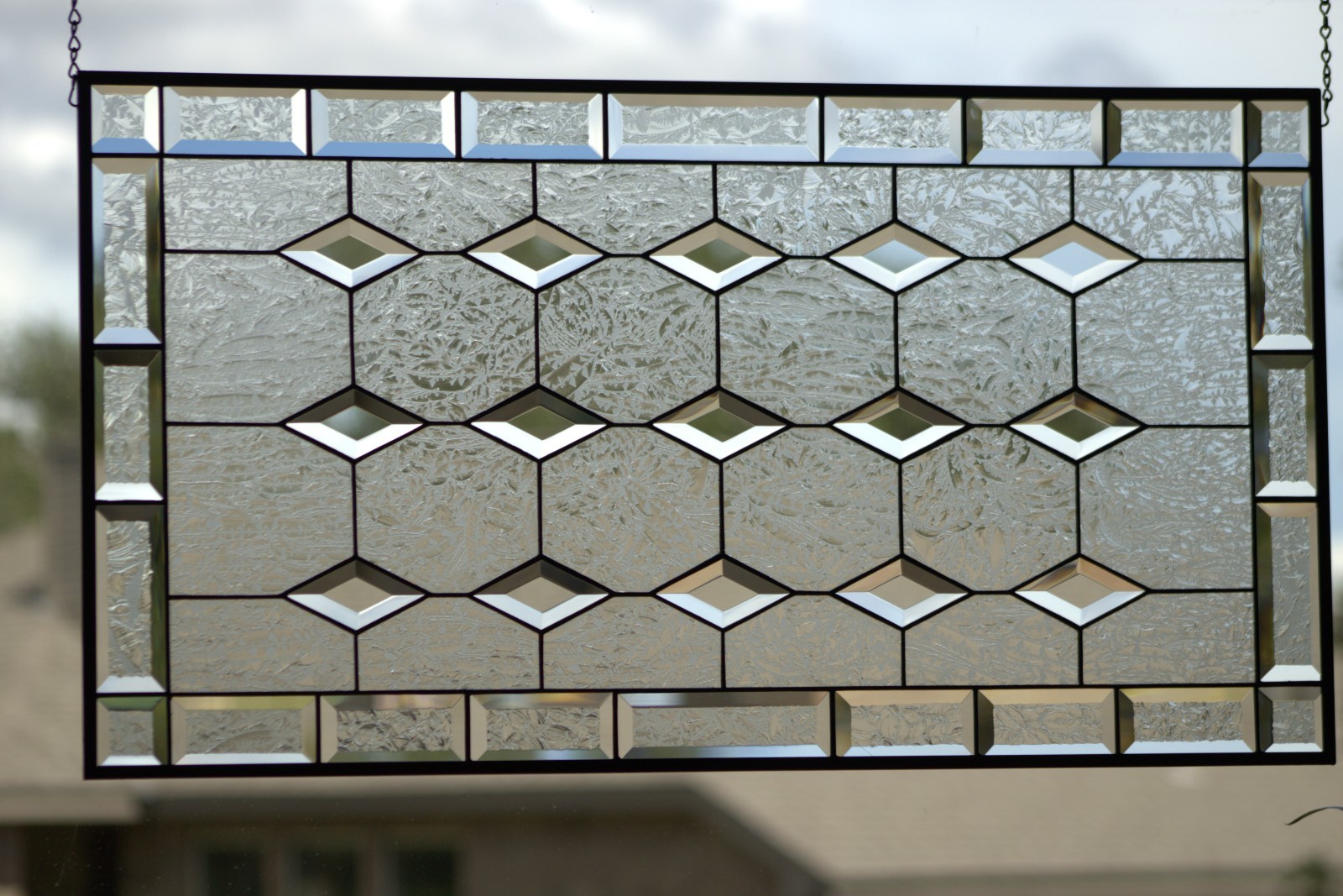 Stained Glass Window Panel, Beveled Diamonds,Handcraftde Craftsman Style