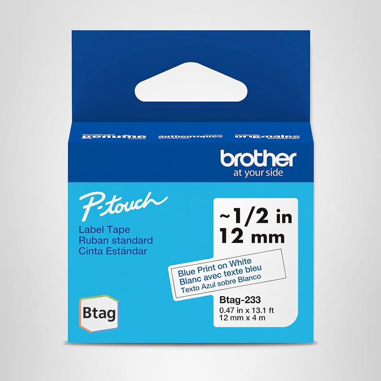 Genuine P-Touch Btag BTAG233 Blue on White Label Tape ~1/2in by 13.1ft (12mm x 4