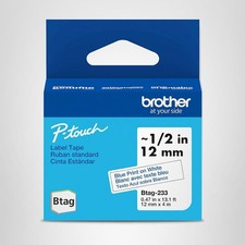 Genuine P-Touch Btag BTAG233 Blue on White Label Tape ~1/2in by 13.1ft (12mm x 4