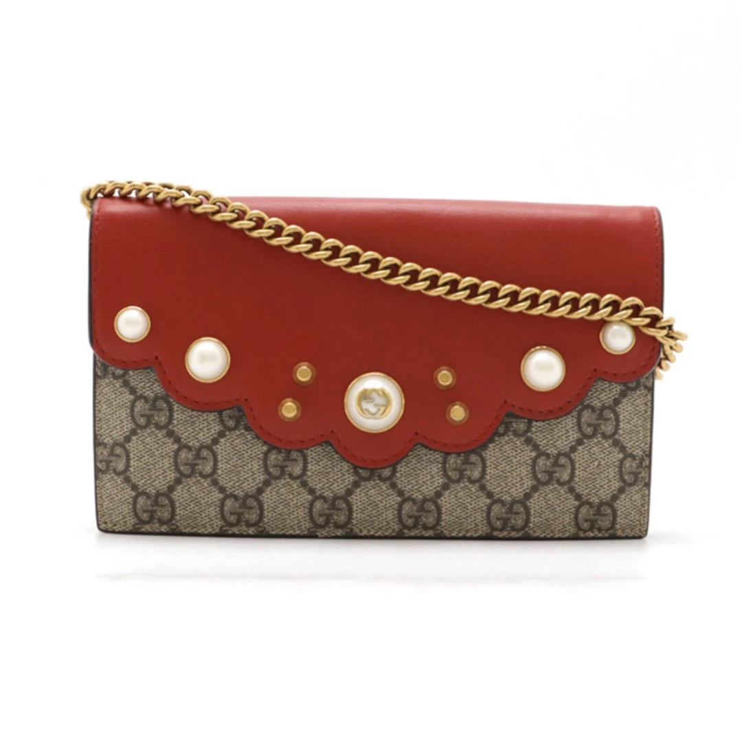 Gucci Gg Supreme Pearl Chain Portefeuille Pochette Sac à Bandoulière 2 Voies Pochette PVC Cuir