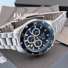 Men's Bulova 98B400 Marine Star Chronograph Blue Dial Quartz Watch 41.5mm