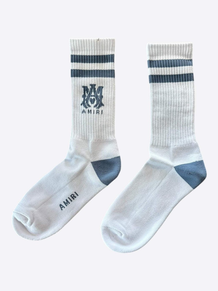 Amiri White & Blue MA Logo Socks | eBay