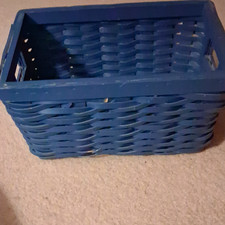 Blue Woven Plastic/Wood Rectangular Storage Basket Bin w/ Handles 10x6x6in