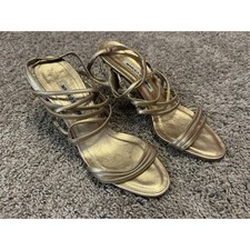 Vintage MANOLO BLAHNIK Metallic Champagne Lace-Up Sandal Stiletto Heels 37.5
