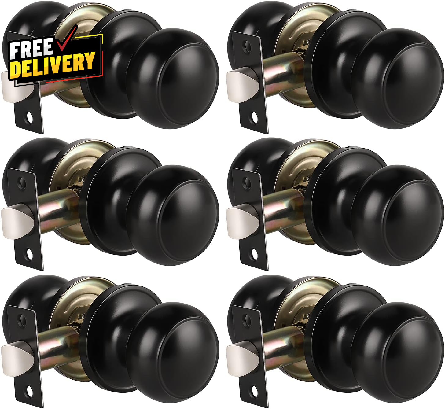 6 Pack Matte Black Door Knobs Round Interior Passage Handles for Hall and Closet