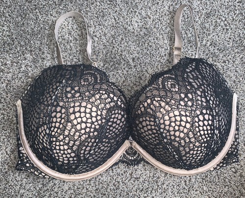 Victorias Secret Very Sexy Padded Push-up Bra Black Tan Lace Overlay 34DD