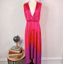 Amur Midi Dress Purple Pink Satin Size 12 Plunging Neckline Pleated Colorful