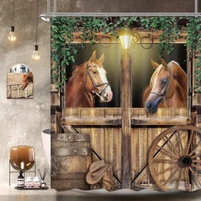 Western Horse Barn Door Shower Curtain 60Wx72H Inch Farmhouse Cowboy Old Wild We