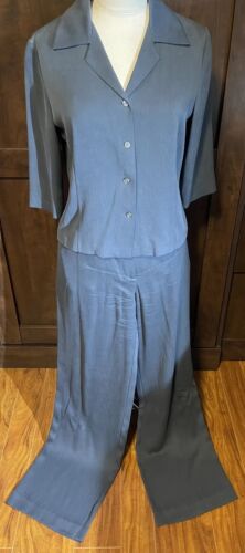 COUNTRY ROAD Gray Blue Ribbed Silk Wide Leg Pants Suit 2 Piece Set Size 4 & 8 - Picture 1 of 17