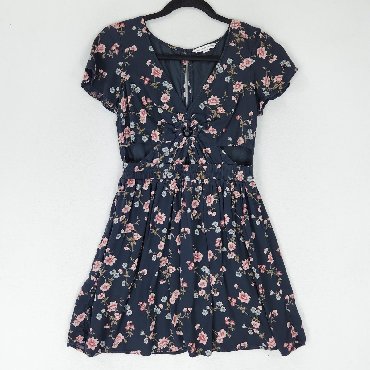 American Eagle Dress Womens Small Black Pink Floral A Line Twist