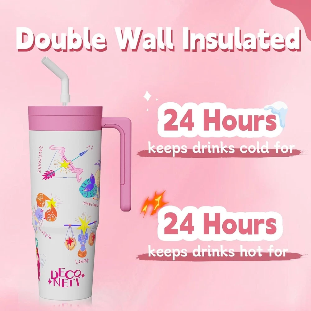 Tumbler with Handle and Straw, Reusable Vacuum Insulated Stainless Steel 40oz