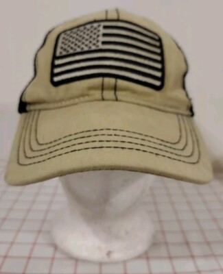 Pugs American Flag Trucker Cap Hat Beige Mens Adjustable Snapback Embroidered