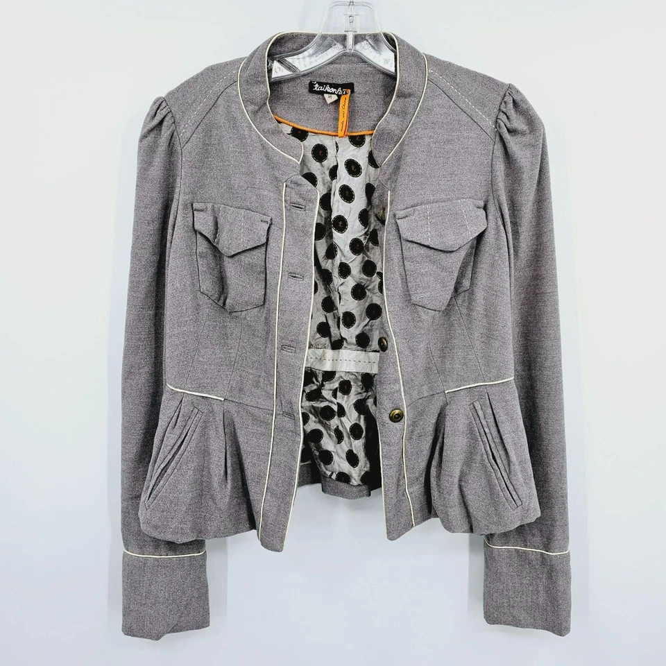Chaqueta Anthropologie Taikonhu High Line Blazer Corto Peplum 4 Gris Botón Delantero Foto 4 de 4