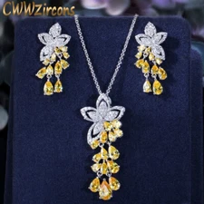 Cubic Zirconia Yellow Tassel Leaf Flower Drop Earrings Necklace Sets for Women
