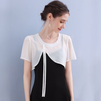 chiffon shrug for dresses Women Shrug Soft Chiffon Open Front Sheer 3/4 Sleeve Bolero Cardigan for Evening Dress(Black,S) at Amazon Women's Clothing store