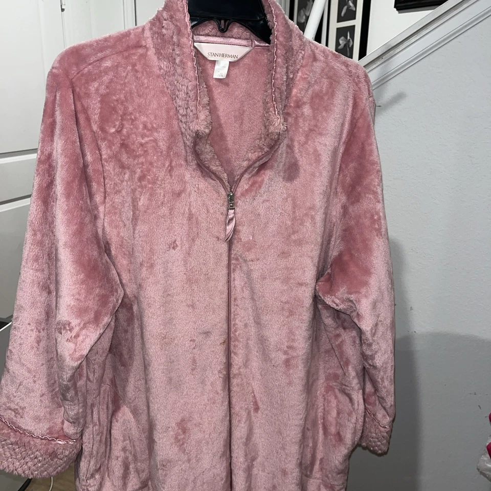 Bata de felpa Stan Herman para mujer talla grande PX1 cremallera cuello en V manga corta bolsillo rosa Foto 3 de 4