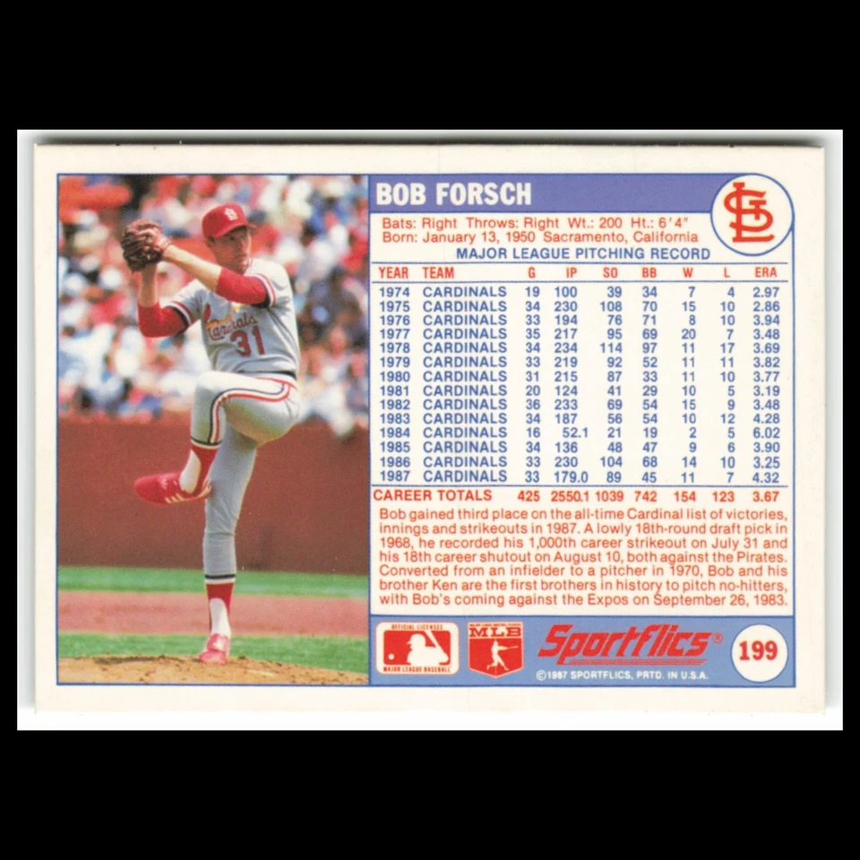 Bob Forsch #199 1988 Sportflics St. Louis Cardinals Baseball Card MLB NM - Image 2 of 3