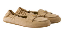 Prada Ecru Beige Suede Logo Scrunch Loafer Ballerina Ballet Moccasin Flat 38