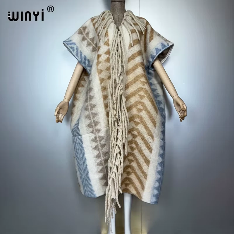 Winter Designer Top Woman Cloak Open Abaya Poncho Long Maxi Overcoat Thick Warm - Image 4 of 4
