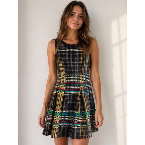 Sleeveless Plaid Fit and Flare Dress Multi-Color Textured Knit M schoolgirl